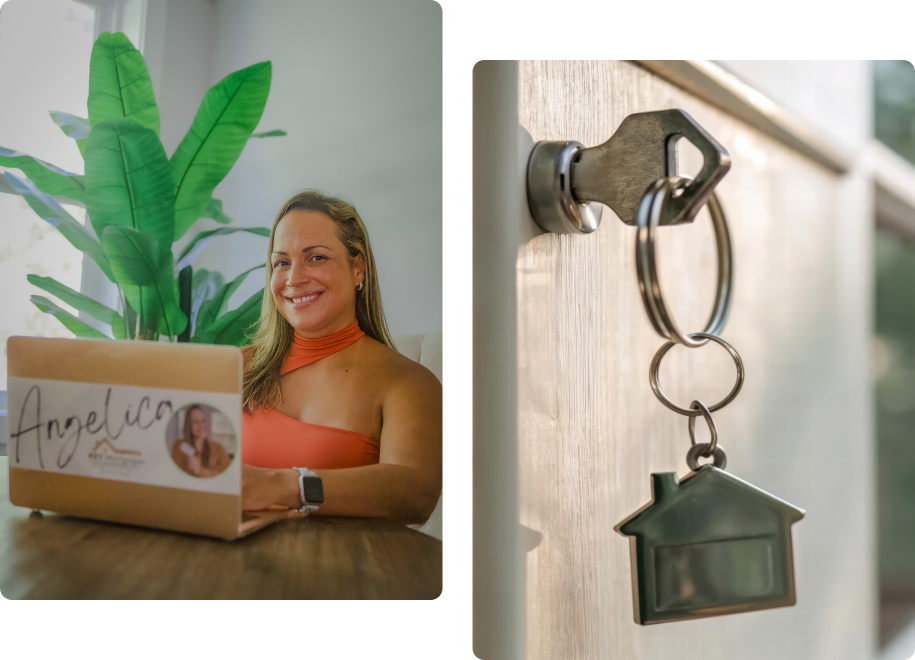 Angelica from Key Mortgages on laptop with house keys in door, helping clients achieve new home ownership.